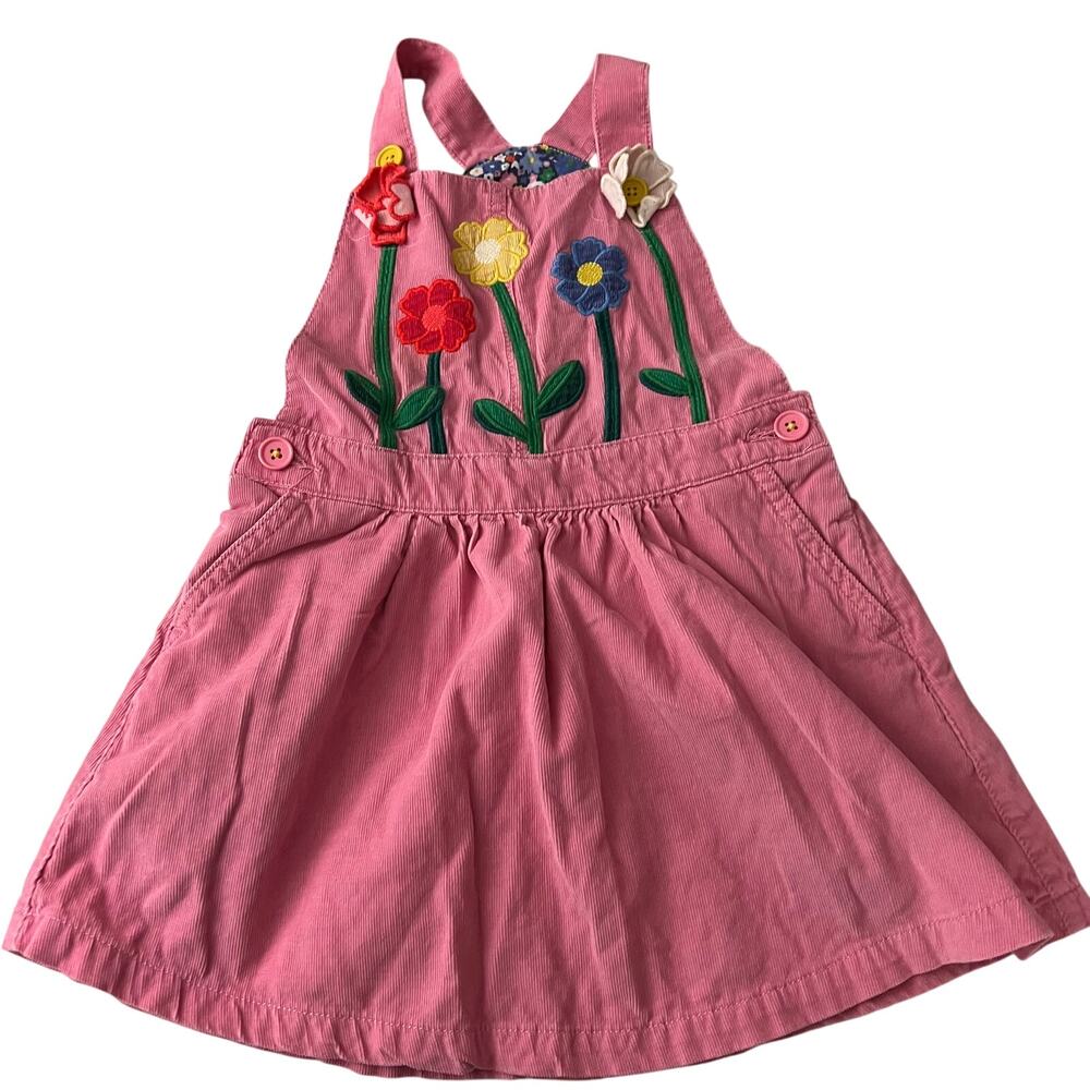 Mini Boden Pink Corduroy Flower Applique Pinafore Dress Jumper Girls Size 4-5Y